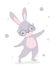 Cute baby animal. Adorable rabbit in glasses. Wild life and woodland. Smart fluffy character forest inhabitant. Hare or bunny. Cartoon flat vector illustration isolated on white background