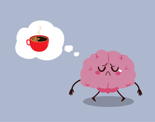 Cute funny sad brain wants coffee vector illustration. Cartoon kawaii character low energy concept