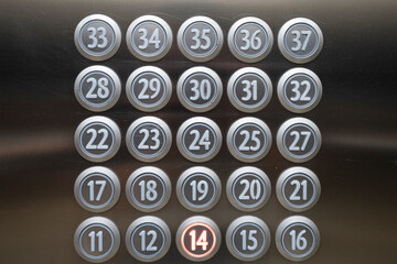Closeup of metal buttons in an elevator background