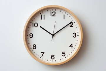 Simple clock with wood trim and black hands on white showing time