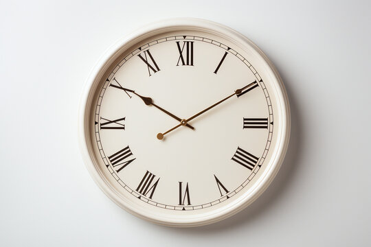 Elegant clock with roman numerals and wooden rim on plain background