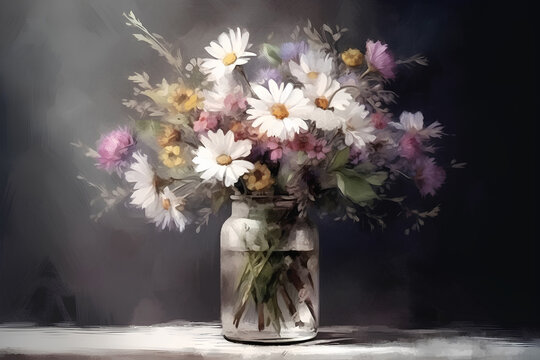 Bouquet of summer flowers in a glass vase on dark background, still life, watercolor painting