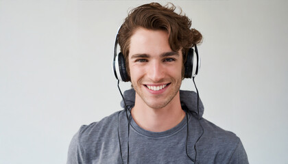 portrait of smiling man with headphones against white background