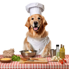 Adorable Golden Retriever dog dressed as a chef, ready to cook dinner in the kitchen. A delightful and humorous moment capturing the essence of pets in a culinary setting