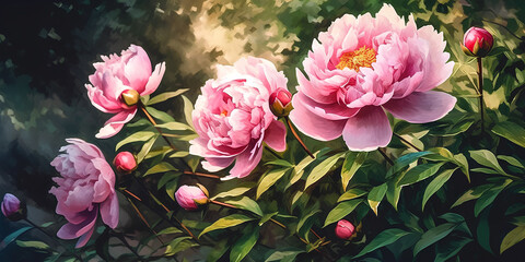 Flowering pink peonies in summer garden, watercolor painting.