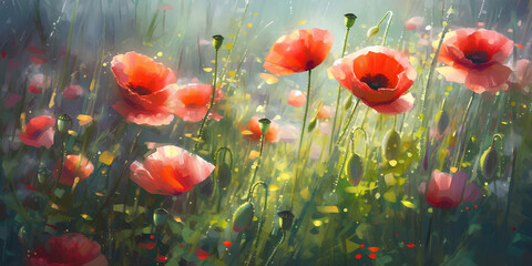 Red poppy flowers on the summer meadow, watercolor painting.