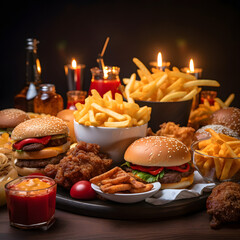 Fast food delivery for a dinner party: fries, fried chicken, burgers, and drinks. Unhealthy indulgence in a nutshell.