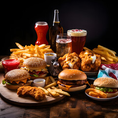 Fast food delivery for a dinner party: fries, fried chicken, burgers, and drinks. Unhealthy indulgence in a nutshell.