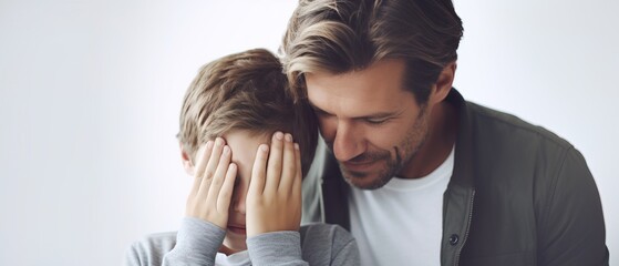 A father comforts his depressed son - obrazy, fototapety, plakaty
