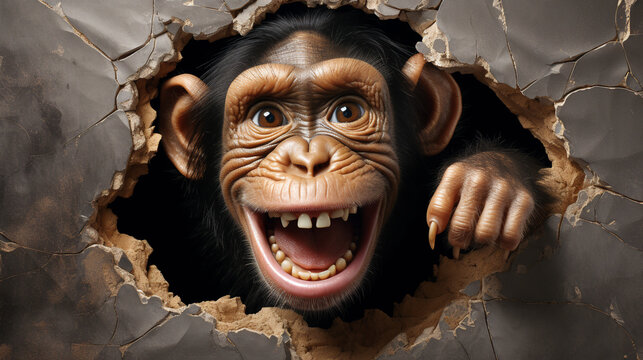 a chimpanzee monkey sticks out of a hole in the wall. ai generative