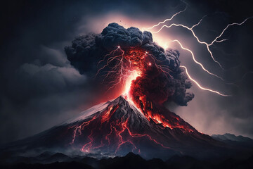 Erupting volcano with lava  smoke and lightning . Created with generative AI technology - obrazy, fototapety, plakaty