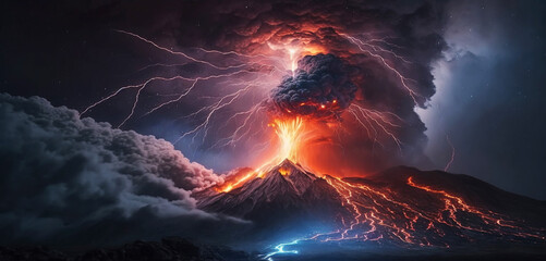 Erupting volcano with lava  smoke and lightning . Created with generative AI technology