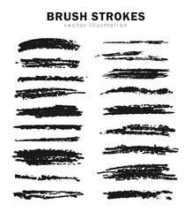 Collection of hand drawn thick and thin charcoal pencil strokes or graphite crayon brushes on white background. Grungy paint or ink scratches, smears. Set of freehand textured paintbrushes. 