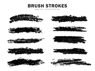 Set of handmade black brush strokes. Vector freehand drawing grungy painted lines, detailed textured paint, charcoal pencil smears, highlighter, marker or ink brushes, artistic design elements
