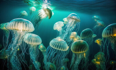 Fototapeta na wymiar shoal of jellyfish evolving under the ocean. 
