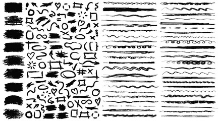 Big collection of black raw textured sketch elements on white background. Doodle rough grunge underline markers, text boxes, brush strokes, hand drawn frames, arrows, emphasis, doodle bubbles, etc. - obrazy, fototapety, plakaty