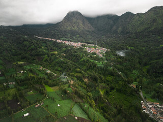 Fototapeta premium Exploring East Java's Beauty: Aerial View of Cemoro Lawang, a Rural Mountain Village Surrounded by Lush Green Fields and Fertile Countryside. Embark on a Vacation in Asia's Destination, Indonesia
