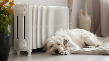 dog sleeps near a white radiator in the living room. ai generative - obrazy, fototapety, plakaty