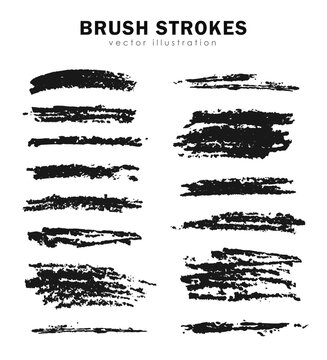 Collection of hand drawn thick and thin charcoal pencil strokes or graphite crayon brushes on white background. Grungy paint or ink scratches, smears. Set of freehand textured paintbrushes. 