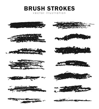 Pack of handmade black brush strokes. Vector freehand drawing grungy painted lines, detailed textured paint, charcoal pencil smears, highlighter, marker or ink brushes, artistic design elements