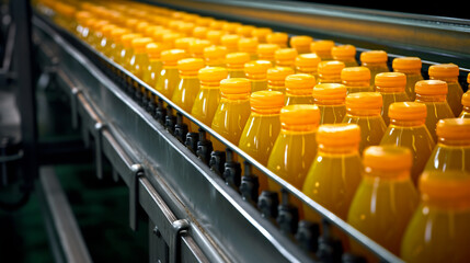 Obraz premium Conveyor belt, juice in glass bottles. ai generative