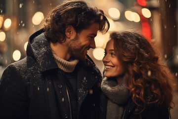 Young couple in love during festive atmosphere in a small town during the Christmas and New Year holidays. Falling in love. Winter snowy ambience