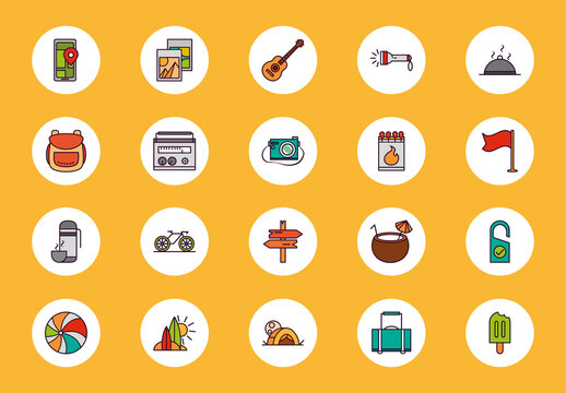 Yellow Travel Vacation Icons Flat Line Design. Holiday Adventure Icons Set