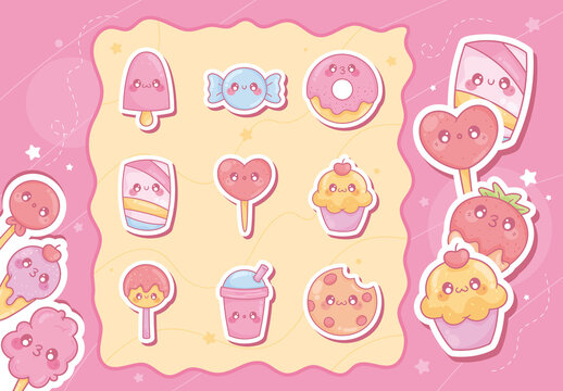Pink and Cute Kawaii Sweets Sticker Set