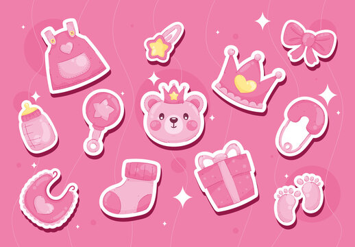 Pink Baby Girl Icons Cute Sticker Set Flat Design