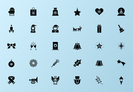 Black and Blue Christmas Icons Set Minimalist Silhouette Design