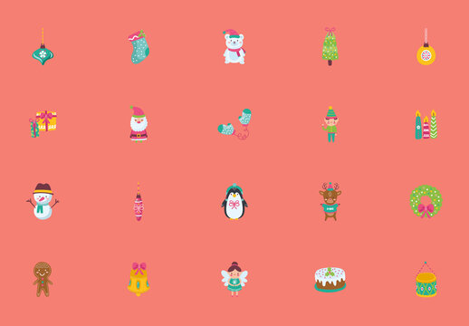 Red and Green Christmas Icons Set Cute Minimalist Design