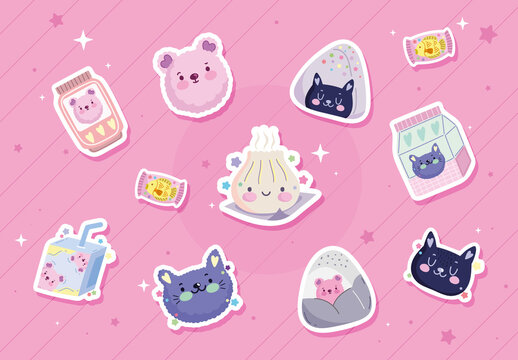 Pink Cute Kawaii Food and Animal Sticker Icon Set