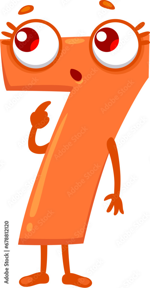 Poster cartoon funny math number seven character. cute arithmetic numeric symbol, school math funny 7 numbe