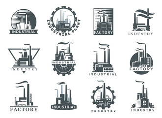 Factory and industrial plant icons, oil, gas and chemical industry manufacture, vector emblems. Refinery, mine or energy power plant with chimney smoke and cogwheel, industrial technology symbols - obrazy, fototapety, plakaty
