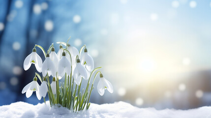 white snowdrop flowers blooming outdoors in snow. ai generative