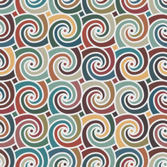 Seamless repeating pattern with multicolored spirals on a white background. Retro style design. Vintage colors. Geometric striped ornament. Vector illustration.