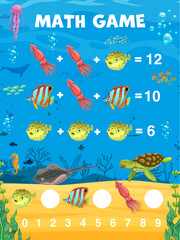 Math game worksheet. Cartoon animals, fish and turtle. Vector mathematics riddle for children education and learning arithmetic. Calculation puzzle task with squids, puffer, angel fish and stingray
