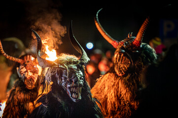 Krampus, the devils of Christmas. Traditional Christmas masks from the Eastern Alps