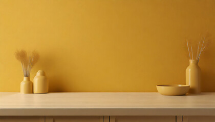 textured mustard yellow wall copy space monochrome empty wall in kitchen with minimalist table wall scene mockup product for showcase promotion background