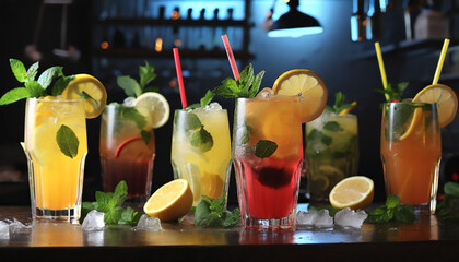 refreshment multicolor fruit cocktail with ice lemon and mint in a bar night club party with soft...