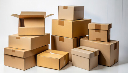 various cardboard boxes for shipping isolated white background mockup generative ai