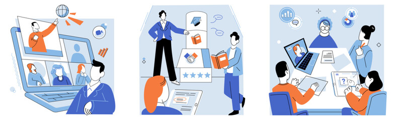 Fototapeta premium Corporate training vector illustration. The corporate training course covered wide range topics Education is foundation for personal and professional development Internal coaching programs empower