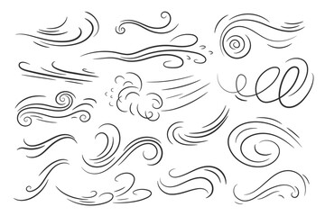 Doodle air wind motions. Isolated vector set of abstract swirls, blow waves, curve spirals in black colors, capturing the dynamic essence of movement and energy in a playful and artistic manner - obrazy, fototapety, plakaty