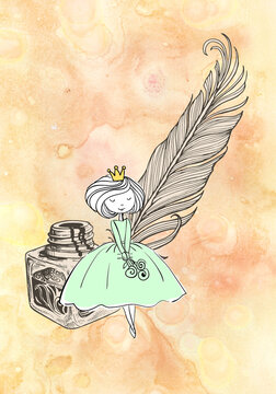 Cute little cartoon princess going to school. Princess, inkwell and pen, drawing with lines.