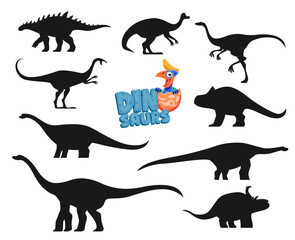 Cartoon dinosaurs isolated characters silhouettes. Struthiosaurus, Jaxartosaurus, Garudimimus, Elmisaurus and Protoceratops, Opisthocoelicaudia, Magyarosaurus, Quaesitosaurus dinosaur shilhouettes set