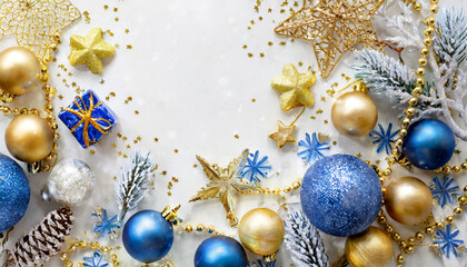 christmas frame on white holiday background gold and blue christmas decorations copy space new year border