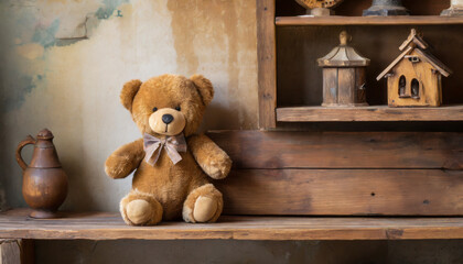 old teddy bear on wooden shelf