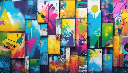 Tuinposter walls in the form of collage work in the style of spray paint art covered with graffiti of different colors and styles © Florence
