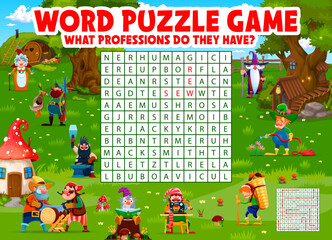 Word search puzzle game. Cartoon fairytale gnomes at village, grid quiz. Kids game vector worksheet with fairy gardener, hunter, blacksmith and magician dwarf characters, find gnome profession names