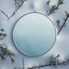 A top-down view of a round mirror on the snow, surrounded by branches covered in snow, cold winter colors, in the spirit of a festive atmosphere.